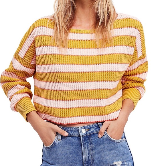 Free People Just My Stripe Cropped Sweater - NWOT - Picture 1 of 7
